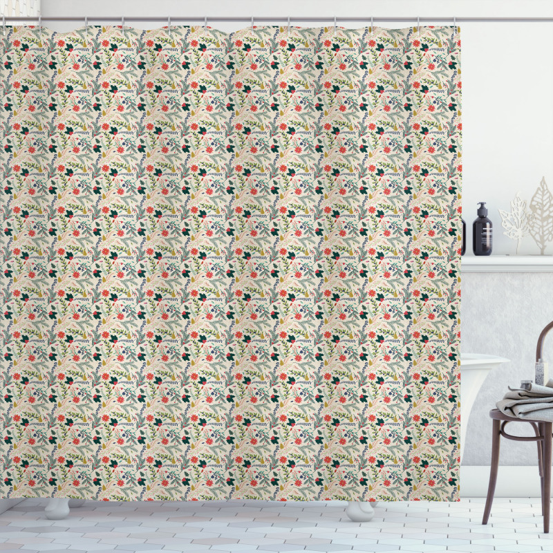 Foliage Motifs Holly Berries Shower Curtain