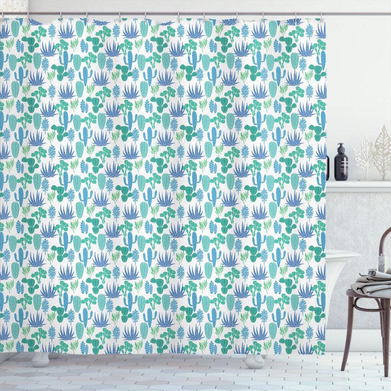 Blue Green Cacti Plants Shower Curtain