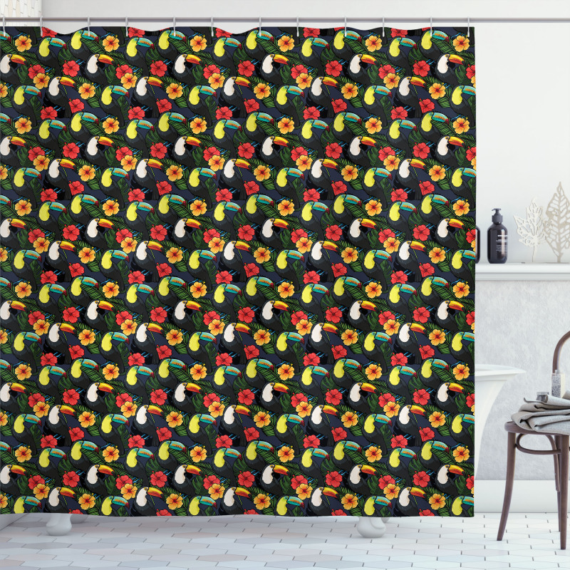 Toucan Birds Hibiscus Leaves Shower Curtain