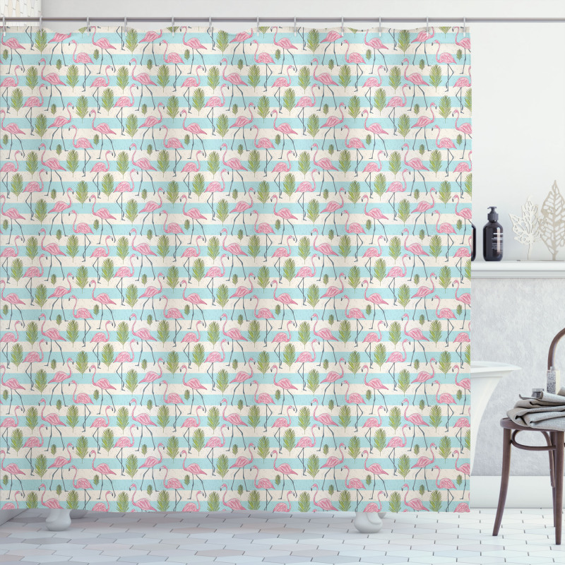 Pink Flamingos Palm Leaves Shower Curtain