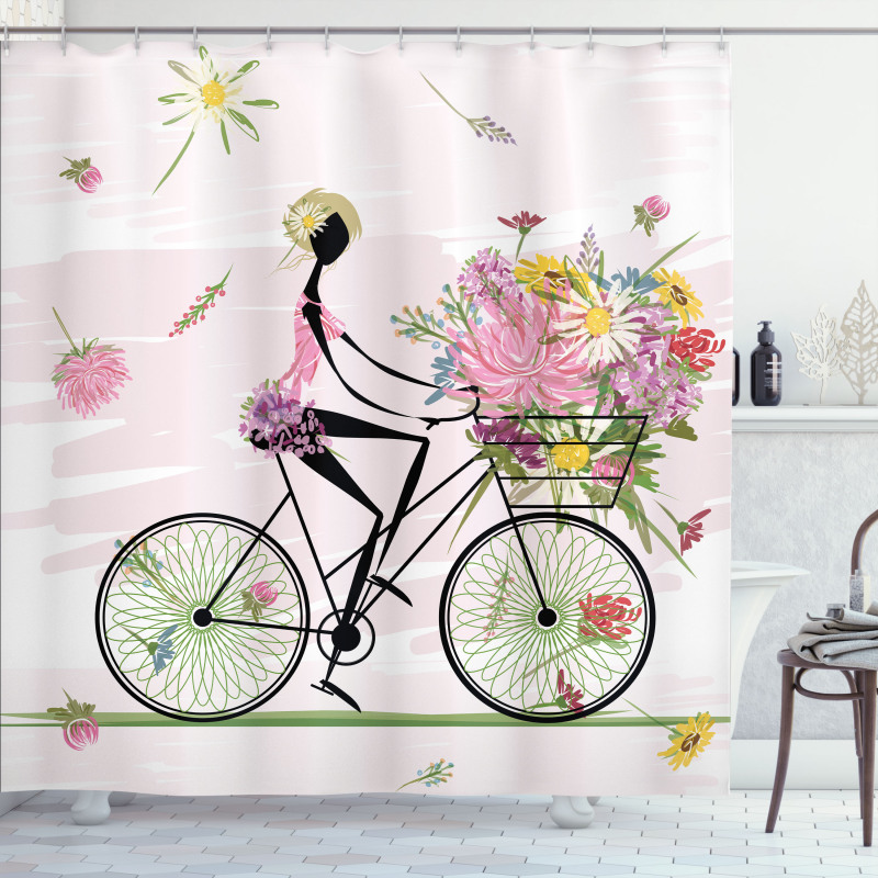 Girl Riding Bike Flowers Shower Curtain