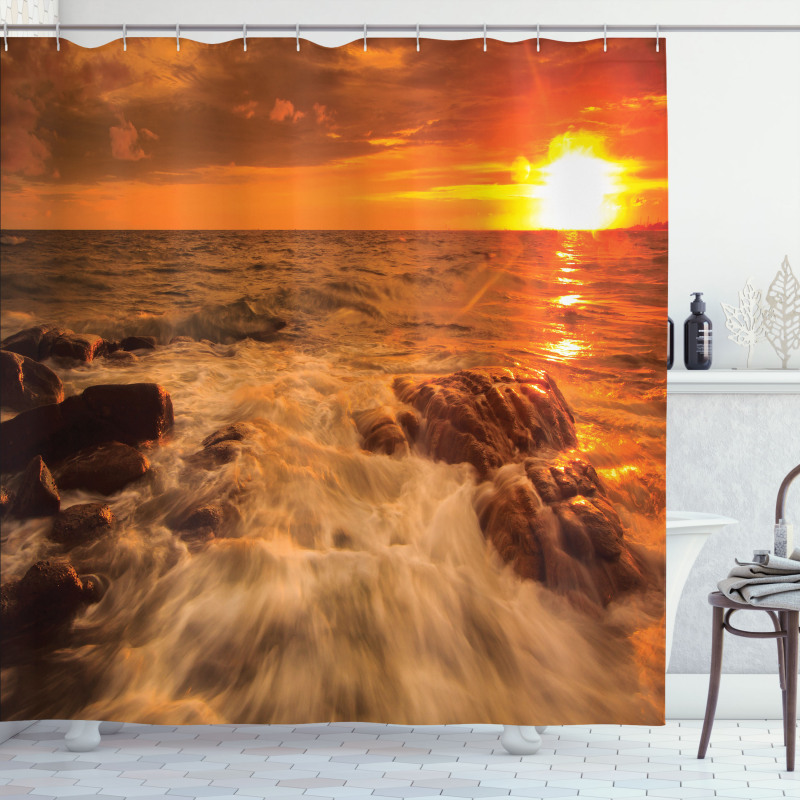 Ocean with Rocks at Sunset Shower Curtain