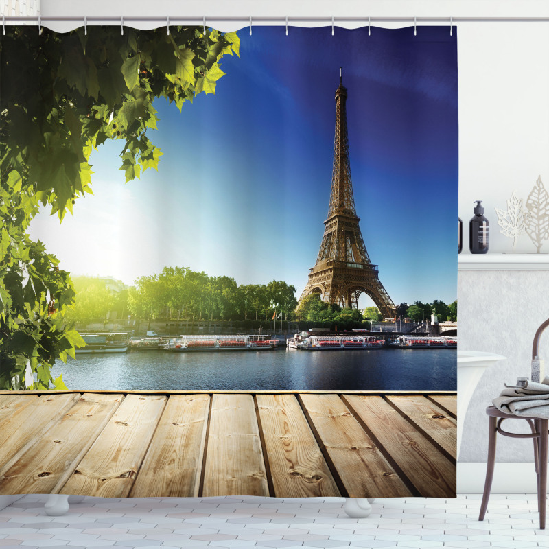 Eiffel Tower Wood Pier Seine Shower Curtain