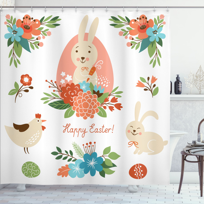 Pastel Bunny Flowers Cartoon Shower Curtain