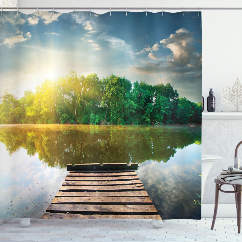 Old Pier Tranquil Sunrise Lake Shower Curtain