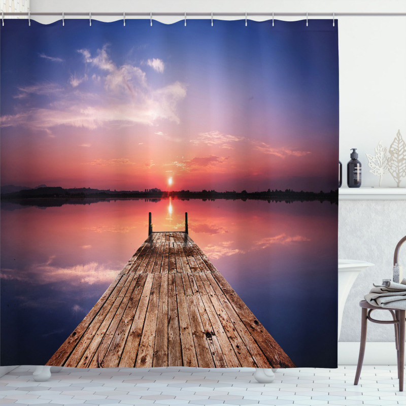 Panoramic Lake Old Pier Sunset Shower Curtain