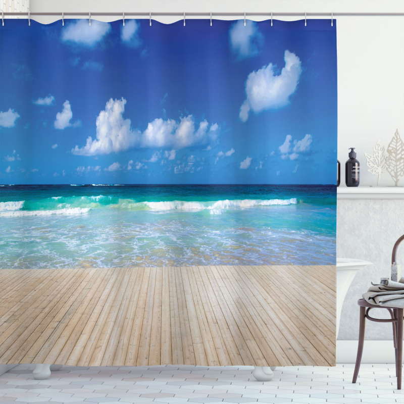 Waves on Wooden Pier Shore Shower Curtain