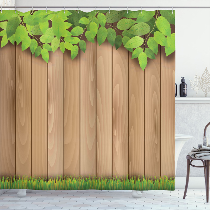 Leafy Tree Branch Grass Fence Shower Curtain