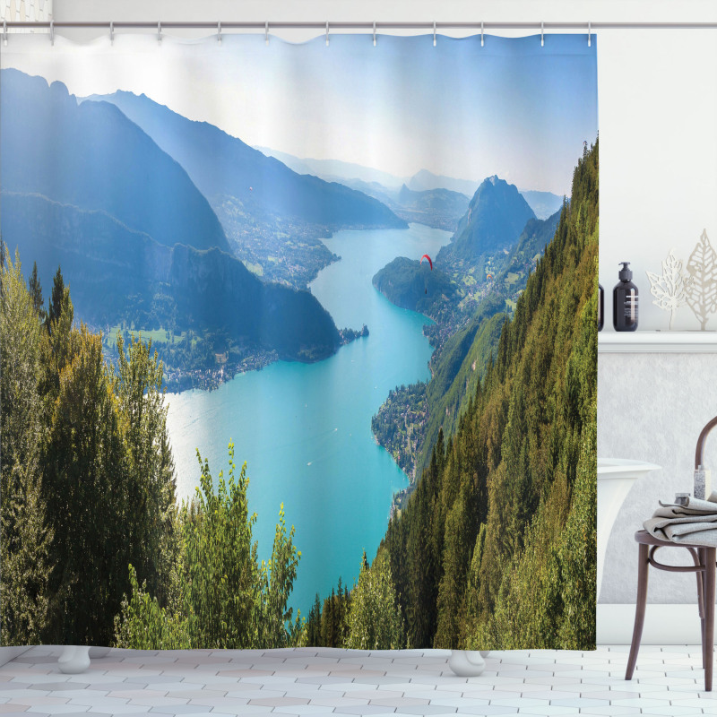 Aerial Annecy Lake Pine Shower Curtain