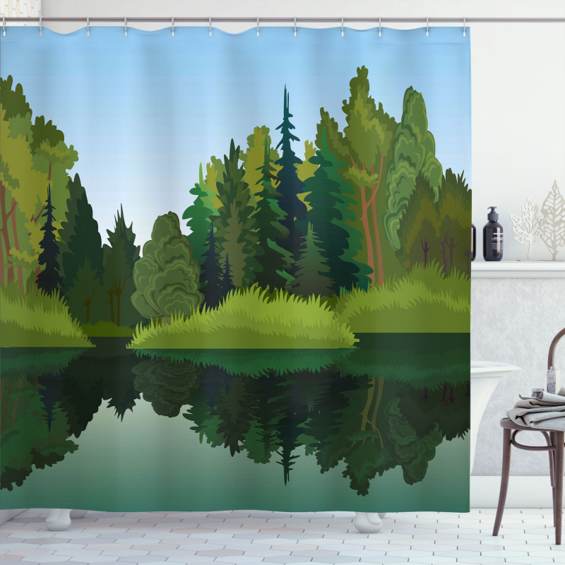 Calm Trees on Pure Lake Shower Curtain