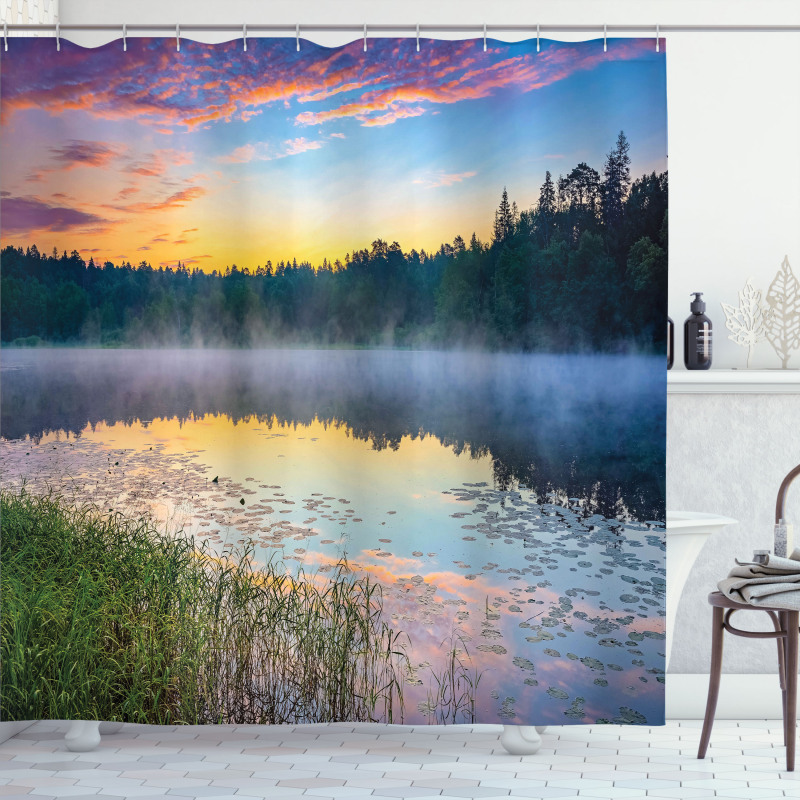 Foggy Sunset on Lake Shower Curtain