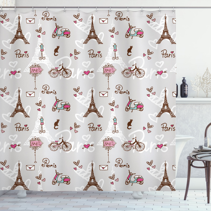 Vespa Bikes Eiffel Hearts Shower Curtain