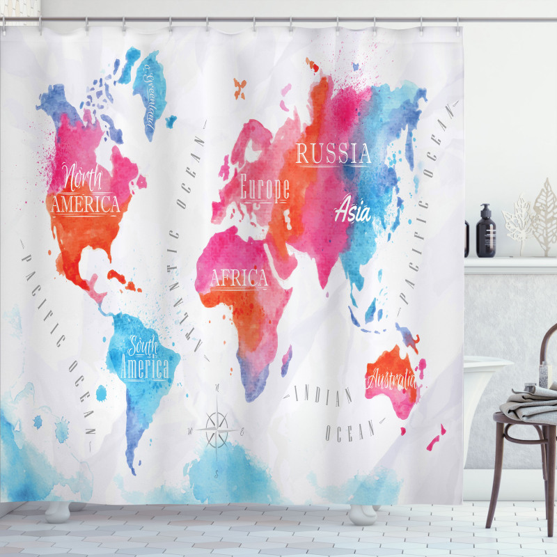 Watercolored World Map Shower Curtain