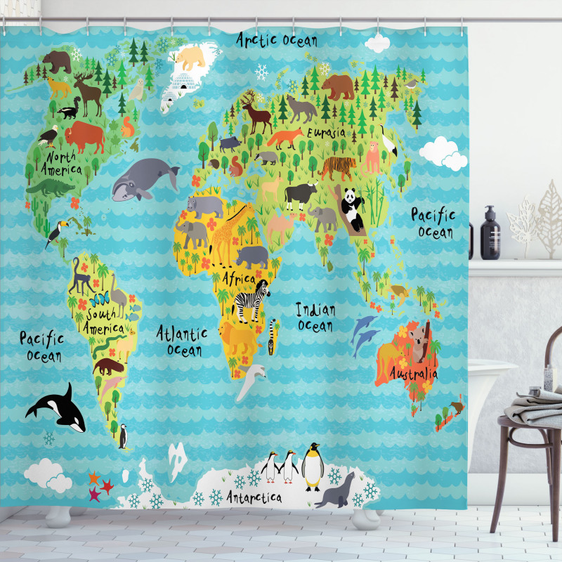 Kids World Map of Animal Shower Curtain