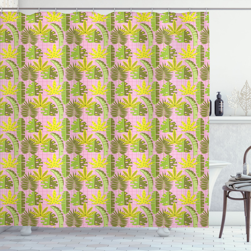 Tropic Leaves on Checkered Shower Curtain