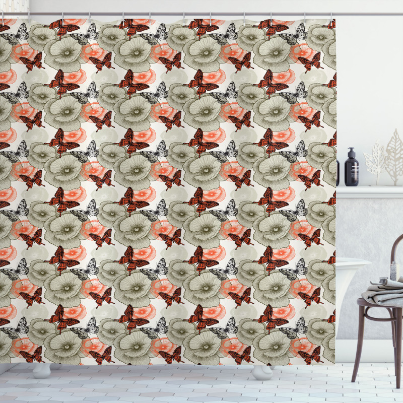 Poppies and Butterflies Shower Curtain