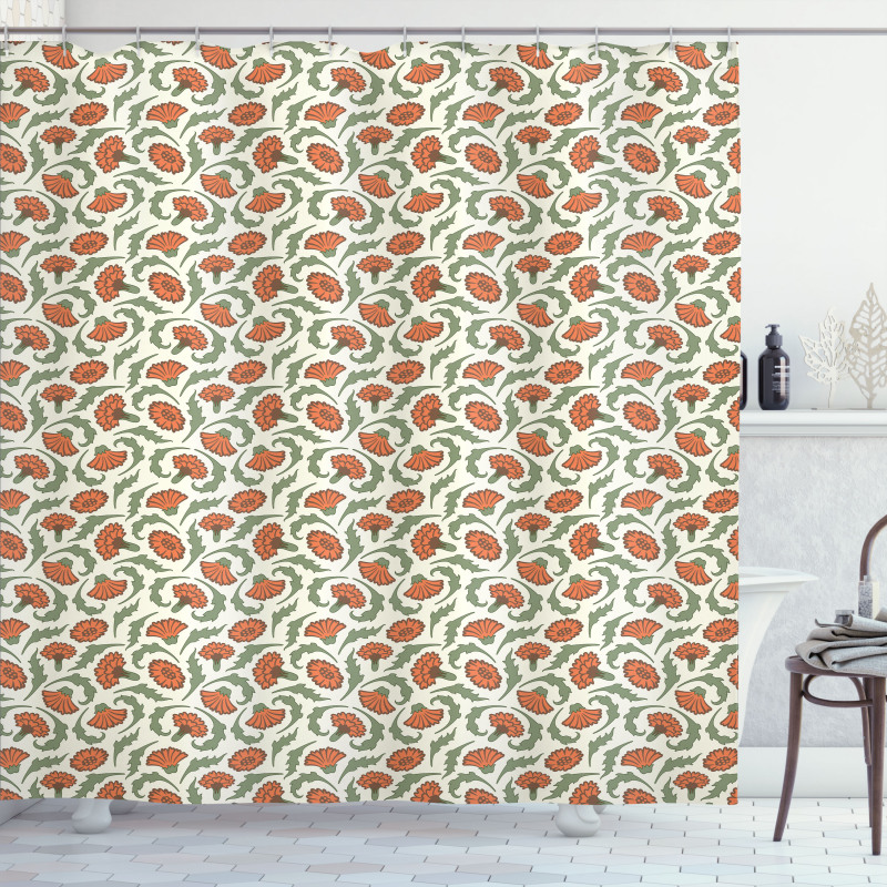 Carnations Curlicue Leaves Shower Curtain