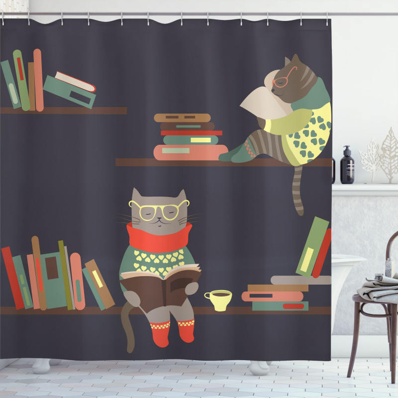 Funny Bookshelf Cat Reading Shower Curtain