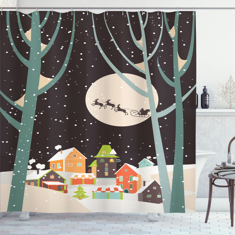 Snow Santa with Deer Town Shower Curtain