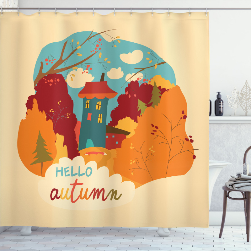 Fall Leaves Trees and House Shower Curtain