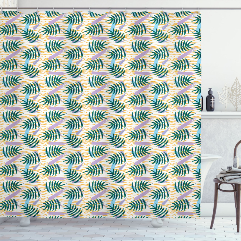 Exotic Leaves Wavy Stripes Shower Curtain