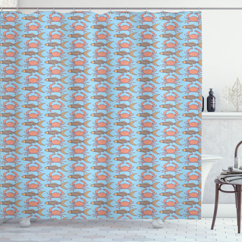 Crab and Fish Pattern Sketch Shower Curtain