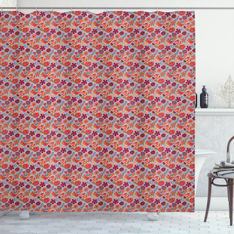 Chaotic Floral Spring Bird Shower Curtain