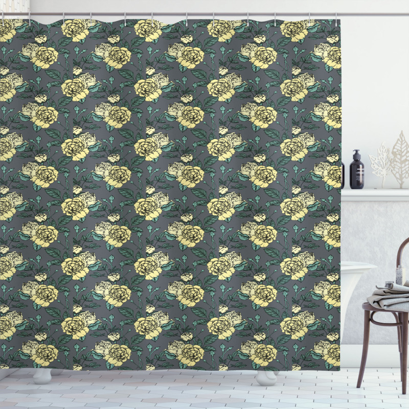 Yellow Tone Roses on Grey Shower Curtain