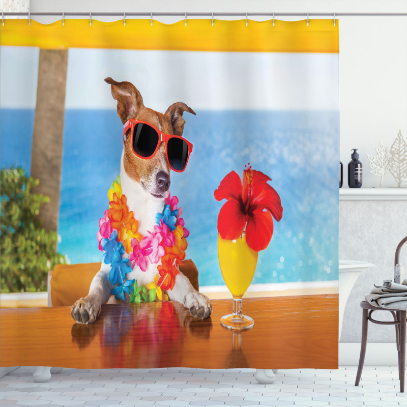 Cool Dog Sitting at Beach Bar Shower Curtain