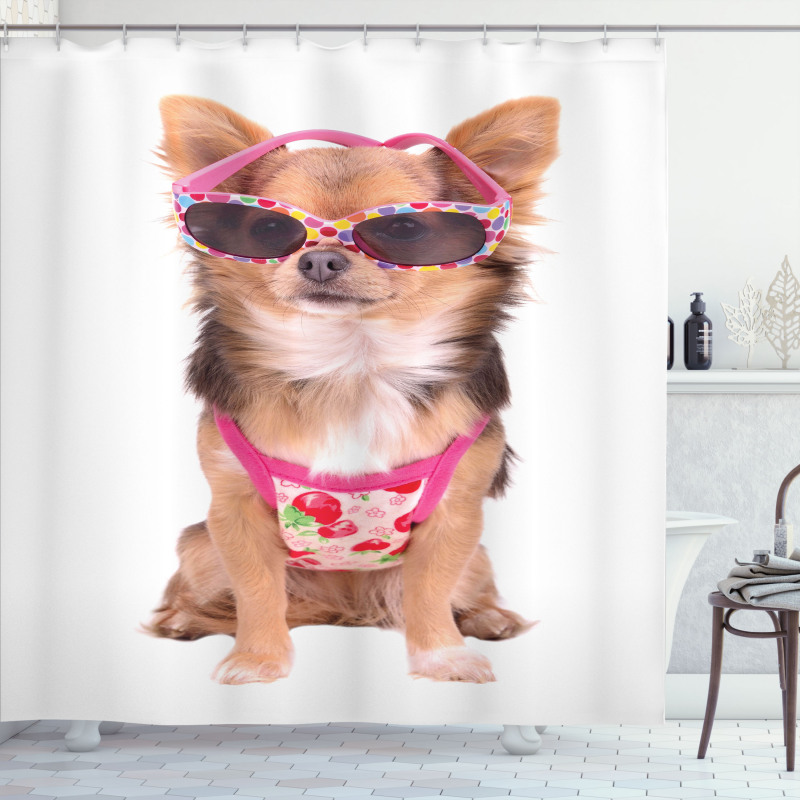 Puppy with Summer Clothes Shower Curtain