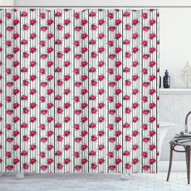 Bouquet with Buds on Stripes Shower Curtain