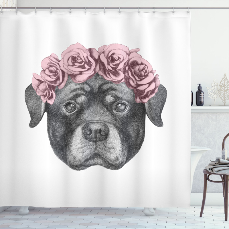 Portrait of Dog in Roses Shower Curtain