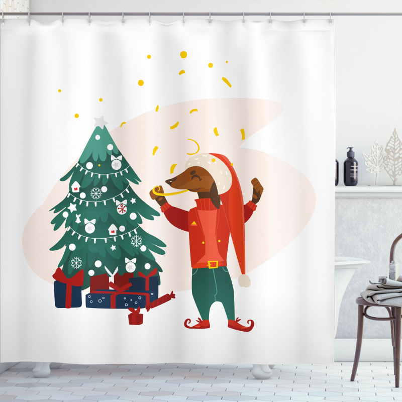 Christmas Dog in Clothes Shower Curtain