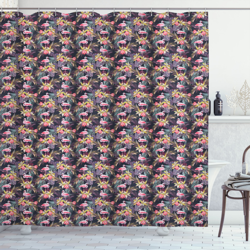 Tropical Summer Flora Flamingo Shower Curtain