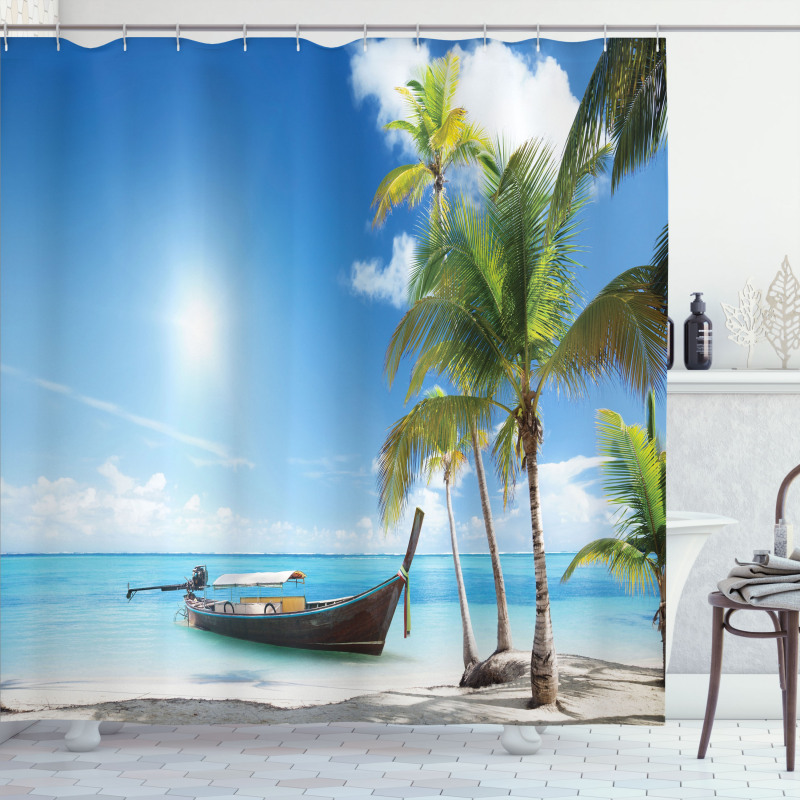 Wooden Boat on Exotic Beach Shower Curtain