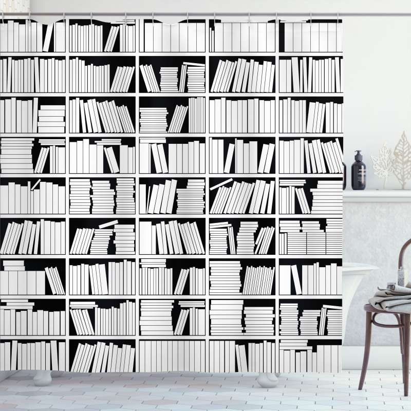 Monochromatic Bookshelves Shower Curtain