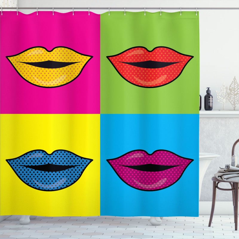 Colored Lips in Squares Shower Curtain