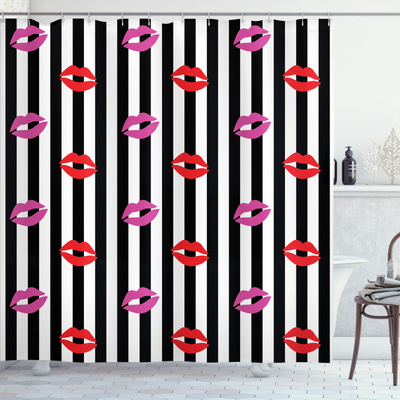 Lipstick Prints on Stripes Shower Curtain