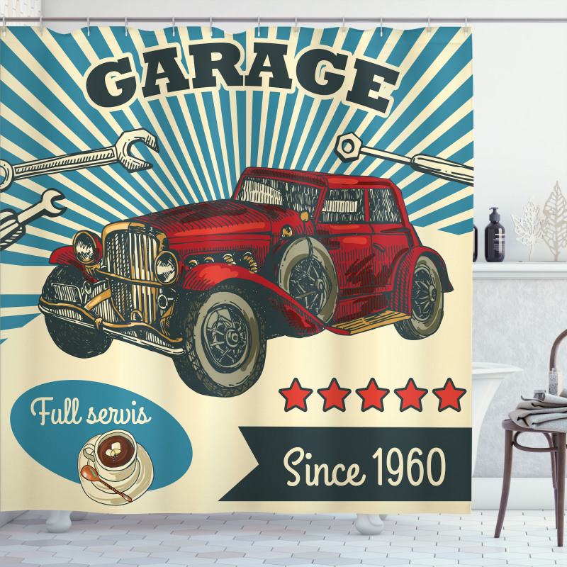 Retro Car Garage Art Shower Curtain