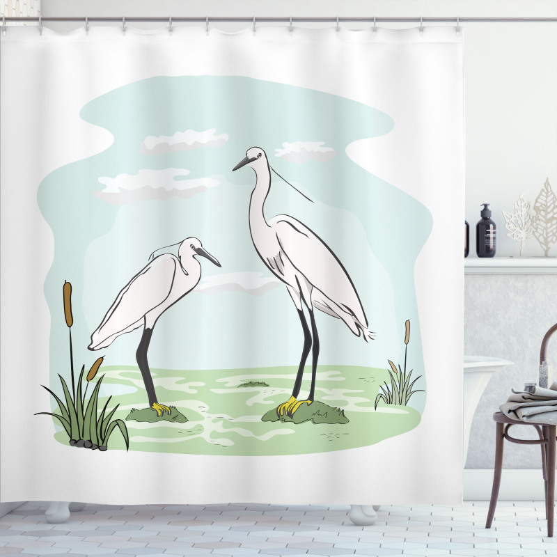 2 Herons in Marsh Cartoon Shower Curtain