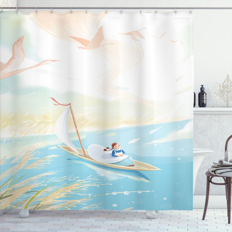 Girl in Boat on Lake Birds Shower Curtain