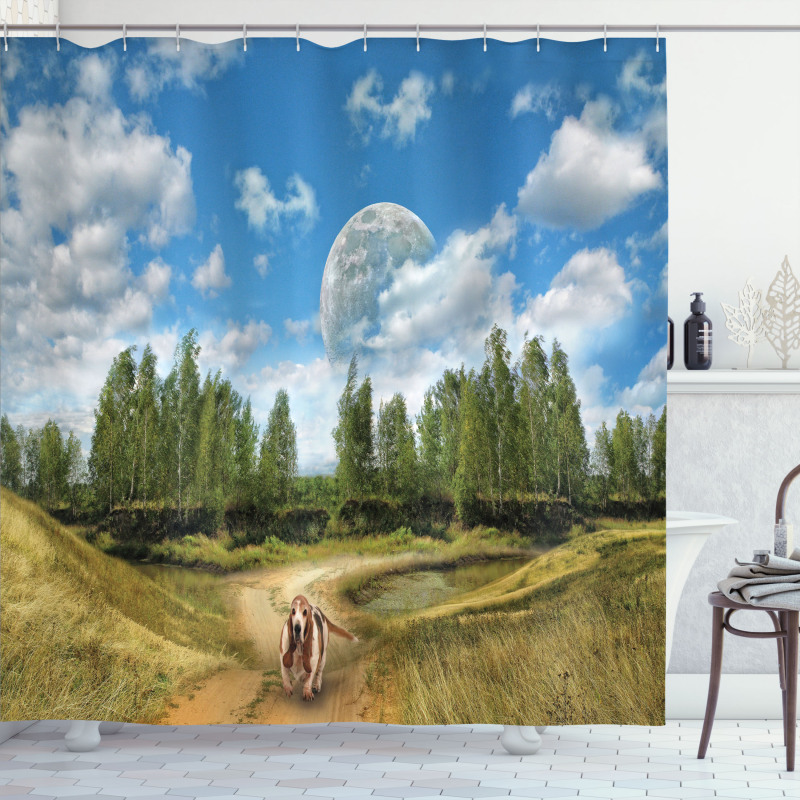 Running Dog Trees Sky Shower Curtain