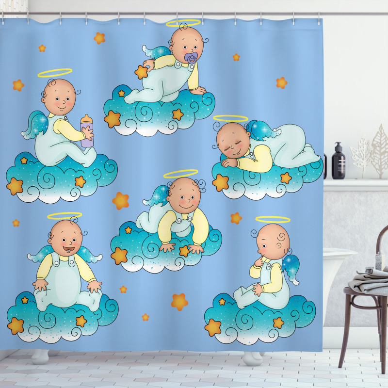 Babies on Clouds in Cartoon Shower Curtain