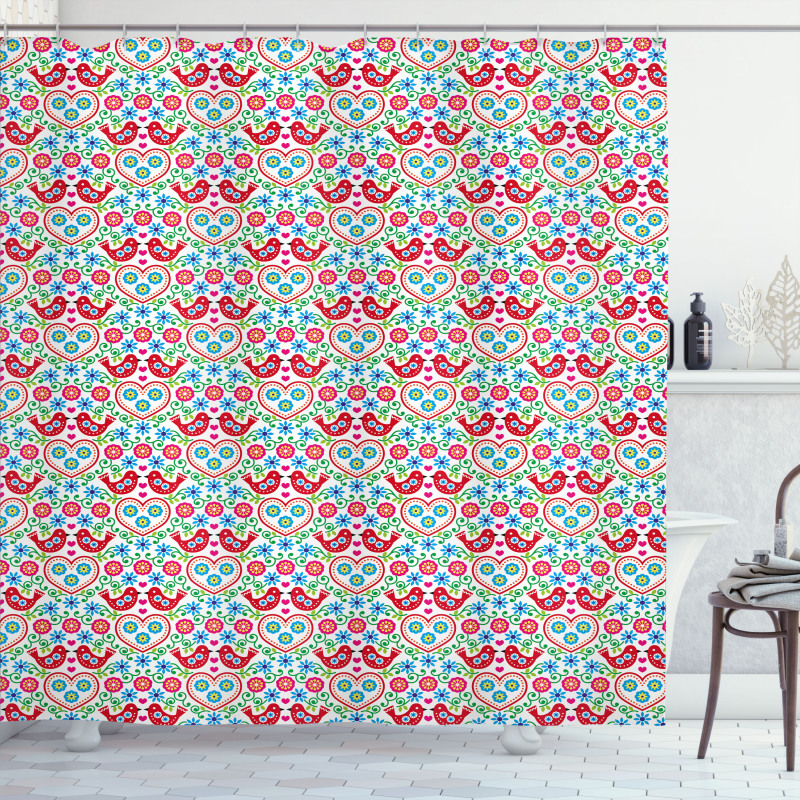 Flowers Birds and Hearts Shower Curtain