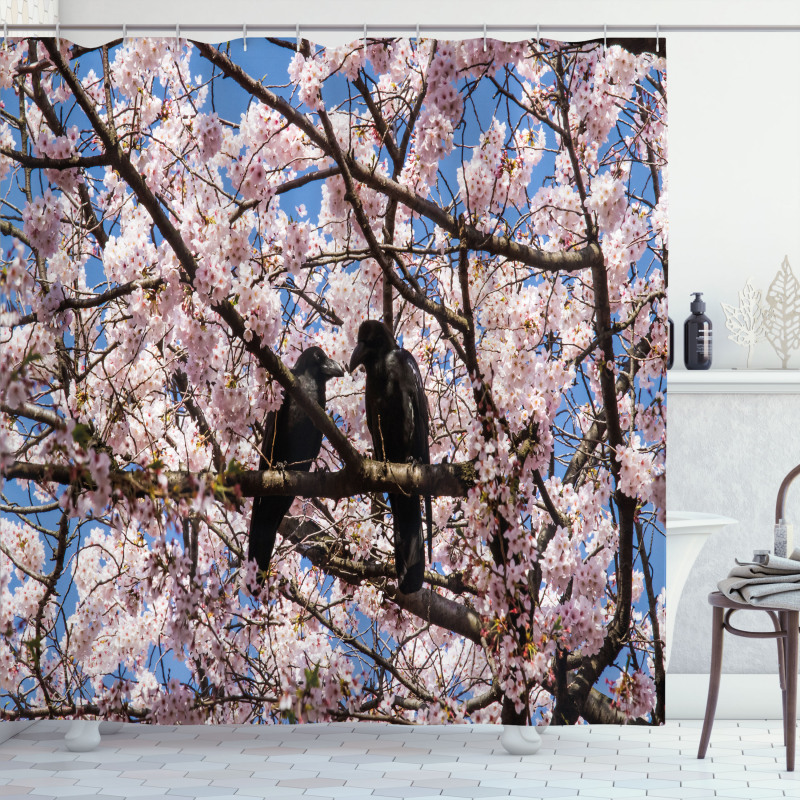 Birds on Sakura Tree Shower Curtain