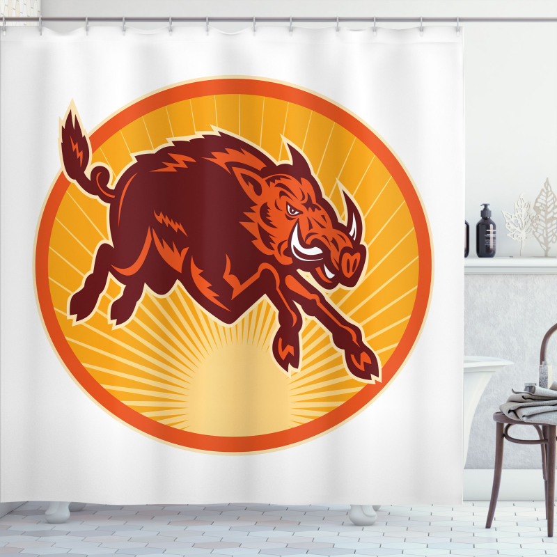 Retro Attacking Wild Boar Shower Curtain