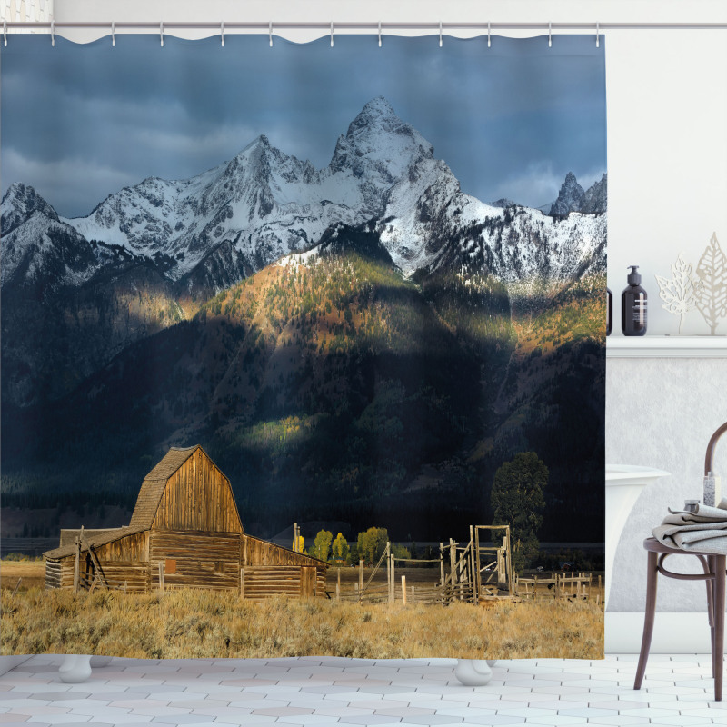 Rustic Wooden Hut Mountains Shower Curtain