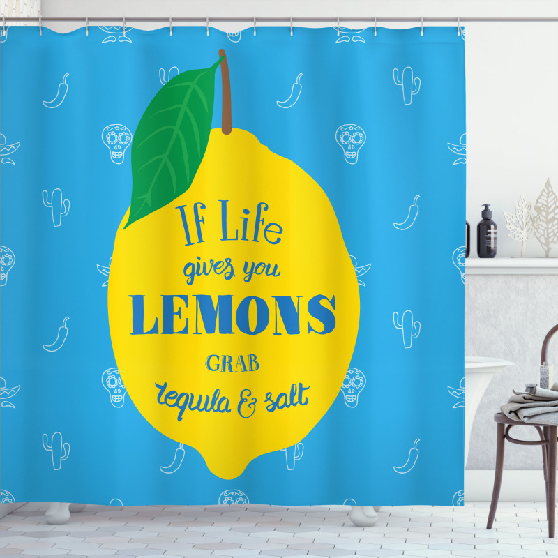 Mexican Words on Lemon Shower Curtain