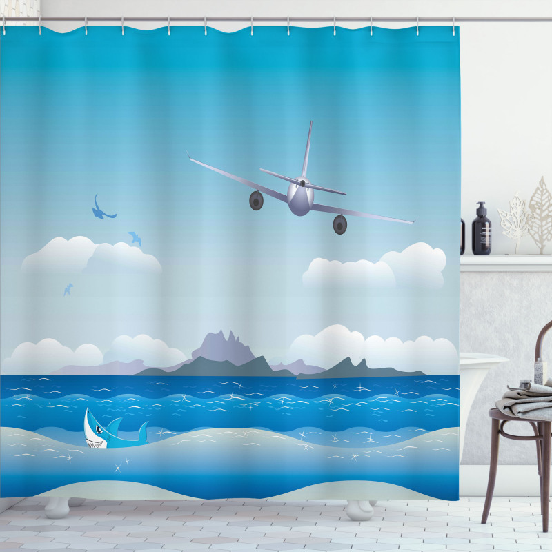 Plane Fly on Sea and Shark Shower Curtain