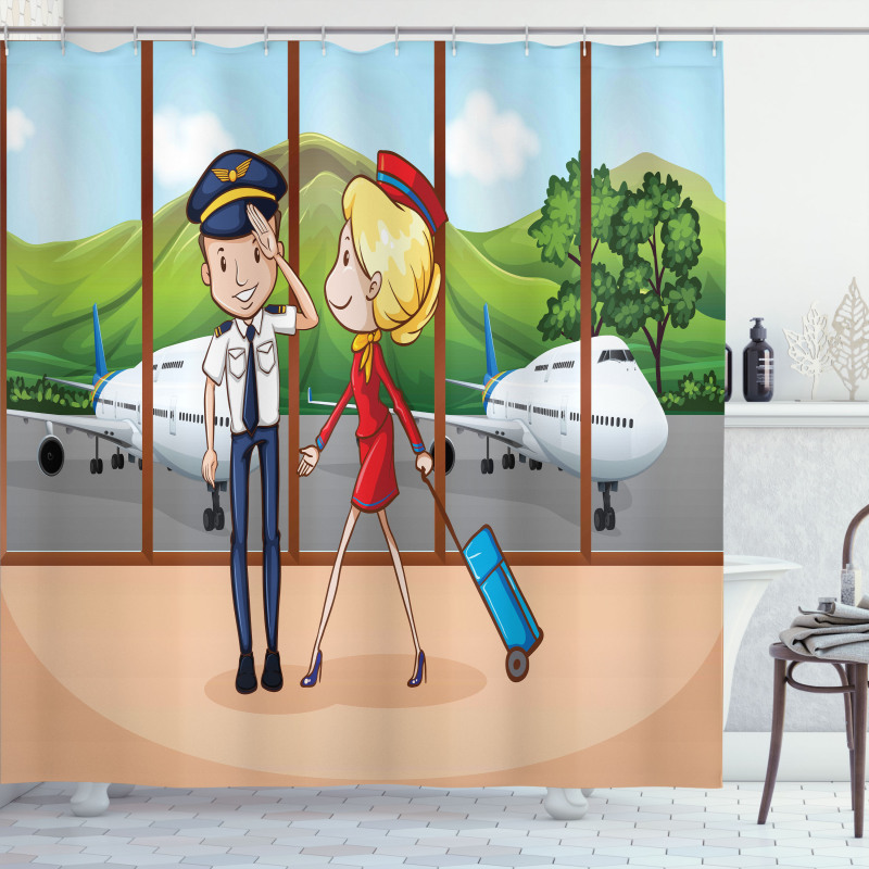 Pilot and Hostess Cartoon Shower Curtain